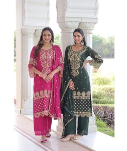 Tenue traditionnelle indienne, costume Sharara en tissu fantaisie à fleurs, avec broderie, costume Salwar Kameez avec dupatta fantaisie - Product Image 1