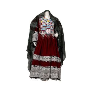 <b>Black</b> Velvet Afghan Traditional Dress With Silver <b>Mirror</b> Work Ethnic Kuchi Gown For Formal Events - Product Image 1