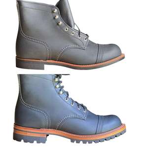 Cette image montre les bottes Red Wing Iron Ranger en cuir noir et en cuir ambre. - Product Image 1