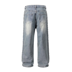 Nouveau Jean en Denim Baggy Droit pour Homme de Haute Qualité, Premium, Personnalisé, 14oz, Effet Délavé Vintage, avec Strass, Vente en Gros, Style Streetwear - Product Image 5
