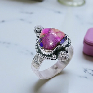 Anillos de Plata de Ley 925 con Diseño de Corazón y Piedras Preciosas de Dalia Rosa y Turquesa de Buena Calidad, Joyería de Plata al por Mayor - Product Image 2