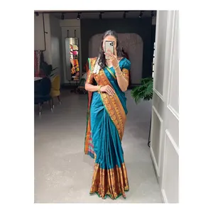 Vêtements de fête design accrocheur de bonne qualité Nouvelle collection de saris en coton avec tissage Zari au meilleur prix compétitif - Product Image 1