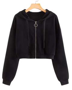 Sudadera con Capucha Corta Negra para Mujer, Sudadera con Capucha y Cordón, Manga Larga, Informal, Ropa de Calle, Top de Moda de Invierno para Damas - Product Image 4