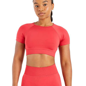 เสื้อครอปเอวลอยสำหรับผู้หญิงเสื้อออกกำลังกายเล่นโยคะไร้ตะเข็บตัดสีพื้นเสื้อแห้งเร็วระบายอากาศ - Product Image 5
