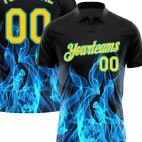 Camiseta Polo Sublimada Personalizada con Diseño de Llamas Azules, Nombre y Número del Equipo, Ropa Deportiva con Estampado Personalizado