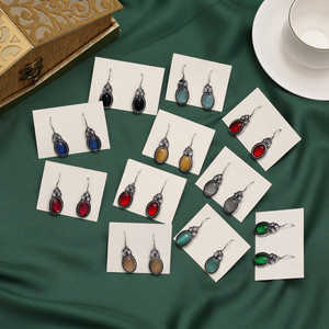 Assorted Color 11 Pairs Oxidised Drop Earrings with <b>Fishhook</b> Back Alloy & Silver Plated Glass Stone - Product Image 3