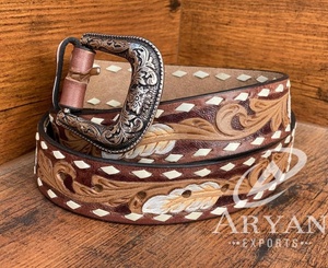 Meilleure vente ceinture en cuir magnifiquement repoussé à la main avec fleurs et plumes au point bouc ceinture en cuir véritable occidentale pour hommes et femmes - Product Image 1