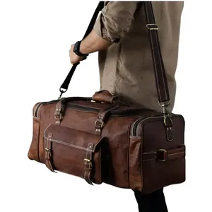Brown <b>Leather</b> Travel <b>Duffel</b> <b>Bag</b> with Zipper Closure Printing Logo Casual Style Foldable Fitness & Gym Use - Product Image 4