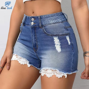 Shorts en jean bleu taille haute personnalisés pour femmes, service OEM, conception de logo personnalisé, motif décontracté tendance, lavage, respirant, séchage rapide - Product Image 5