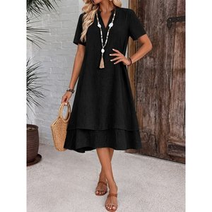 Vestido midi de manga corta con cuello redondo y textura arrugada para mujer, 35984 - Negro - Product Image 3