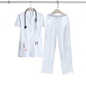 Tenues médicales d'été, nouveau modèle unisexe, slim, tendance, deux pièces, manches courtes, vêtements de travail tissés pour hôpital, uniforme de médecin blanc - Product Image 3