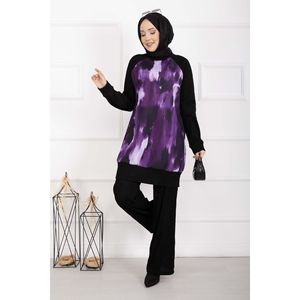 Ensemble hijab deux pièces décontracté en mousseline de soie côtelée à imprimé batik, chic pour la saison printanière - Product Image 1