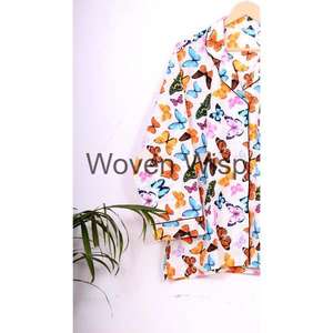 Conjunto de pijama de algodón con estampado floral de mariposa suministrado por ODM, cintura elástica, manga larga, talla grande, tejido a cuadros para el hogar, invierno, verano - Product Image 4