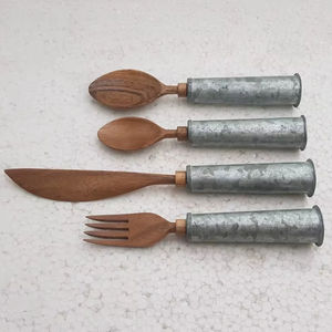 Ensemble de couverts en bois d'acacia avec manche galvanisé tendance, moderne, cinq pièces, cuillère, fourchette, couverts, passe au lave-vaisselle - Product Image 1