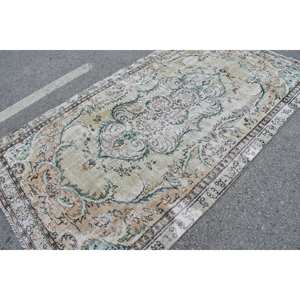 Tapis turc vintage 4.9x8.8 pieds laine tissage plat support en latex vert beige motif patchwork pour décorations de couloir de salon - Product Image 4