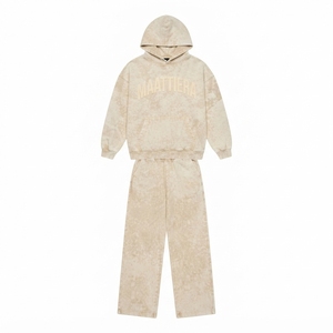 Ensemble sweat à capuche oversize beige délavé et pantalon de survêtement large pour femme, en molleton de coton, style streetwear, OEM ODM - Product Image 4