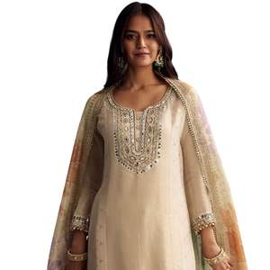 Ivory Tissue Palazzo <b>Suit</b> With Mirror And Moti Embroidery And Dupatta Wholesale <b>Women</b> Ethnic Apparel OEM Factory Custom Fashion - Product Image 4