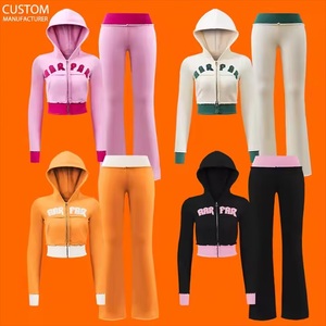 Conjunto de pantalones de chándal acampanados con capucha y cremallera 3D de 2 piezas para mujer, Polar Chaqueta de algodón, pantalones de tiro bajo, técnica lavada, Hip Hop de invierno - Product Image 1