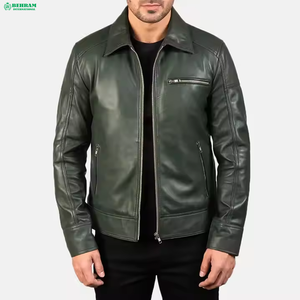 Veste en cuir véritable pour homme, veste de moto en cuir véritable vert, col rabattu, fermeture éclair, coupe ajustée, vêtements d'automne - Product Image 1