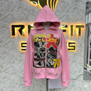 Nouveau arrivé, meilleur prix, qualité durable, sweat à capuche zippé avec fermeture éclair, sweat à capuche en molleton pour homme, streetwear, lavage à l'acide, avec strass - Product Image 5