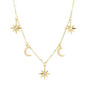 Collier chaîne avec pendentif délicat en forme d'étoile et de croissant de lune Art Déco, or pur 18 carats ou argent sterling, diamant de laboratoire, cadeaux pour elle - Product Image 1