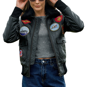 Mode à la mode femmes véritable peau de mouton respirant Bomber veste patchs brodés tricoté en cuir Moto veste en gros - Product Image 2