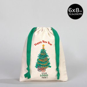 Custom Green Cotton <b>Drawstring</b> <b>Pouch</b> for New Year 6 8 (15 20 Cm) Screen Gift Bag for Clothing Crafts Holiday Packaging - Product Image 1