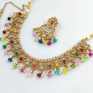 Latest Indian Jewelry Traditional Gold Plated Motipearl With Chandbali Earring and Maagtika Combo Necklace <b>Set</b> for <b>Women</b> - Product Image 1