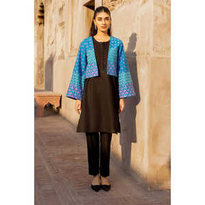 Veste Courte Brodé Bleu Khaddar pour Femme, Coupe Oversize Coréenne, Paillettes et Strass, Personnalisable, Teint Uni, Respirante pour l'Automne - Product Image 1