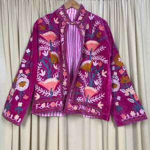 Boho Chic Retro Chic Free Size Robe Hand Embroidered Pink Floral Velvet Suzani <b>Jacket</b> Open Front Winter Coat Soft Free Size Robe - Product Image 4