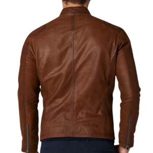 Chaqueta de motorista de cuero marrón con estilo para hombre, camisa estilo cuello y puños, dobladillo abierto, chaqueta de cuero totalmente personalizada para hombre - Product Image 4