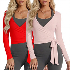 Chemise de yoga respirante à manches longues et col en V pour femme, couleur unie, rose et blanc - Product Image 5