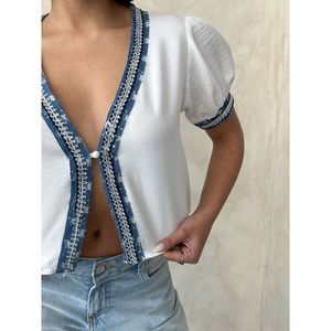TOPSHOW Women's Cream Linen <b>Jacket</b> with <b>Denim</b> Details - Stylish Casual Outerwear for Spring and Autumn - Product Image 4