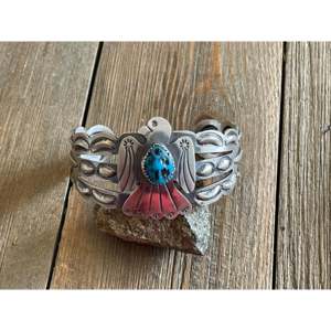 Tim Yazzie Kingman Turquoise & Sterling <b>Silver</b> Thunderbird <b>Cuff</b> <b>Bracelet</b> Fashionable Accessory - Product Image 1