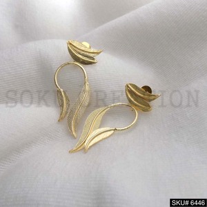 Gold plated Handmade Statement Leaves <b>Long</b> Stud <b>Earrings</b> SKU6446 - Product Image 2