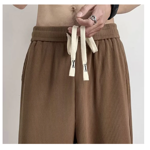 Pantalon en tricot côtelé tendance pour hommes Pantalon baggy en tissu doux en vrac avec coupe décontractée toute la journée Vêtements d'intérieur en style de rue teint en couleur unie - Product Image 4