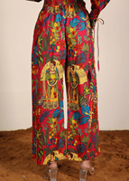 Pantalon imprimé en coton à thème multi tropical rouge pyjama femme magnifiquement conçu bouton de pantalon décontracté à taille élastique