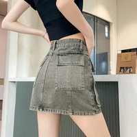 Jupe-short en jean vintage taille haute respirante 100 % coton délavé moyen coupe droite multi-poches à motifs diamants pour femme