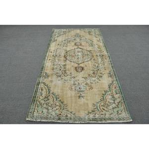 Tapis Turc Classique Vintage Beige Vert 4.3 X 8.2ft Laine Faite à la Main avec Support en Latex Motif Patchwork Rectangulaire pour Chevet - Product Image 1