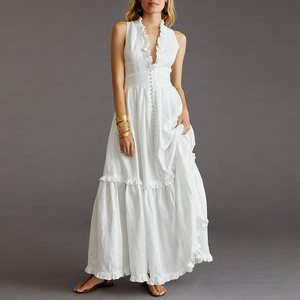2025 OEM Dress Factory Custom V-Neck Lace Halter Bow Pure <strong>White</strong> Cotton <strong>Maxi</strong> Sleeveless Women's Summer Natural Woven Dress - Product Image 2