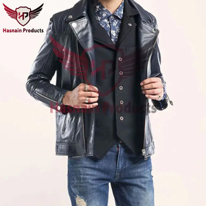Chaqueta de Cuero Azul Auténtico para Hombre, con Cierre Asimétrico, Hombros Acolchados, Estilo Motero, Personalizada en Azul Marino Oscuro, Ropa de Invierno - Product Image 6