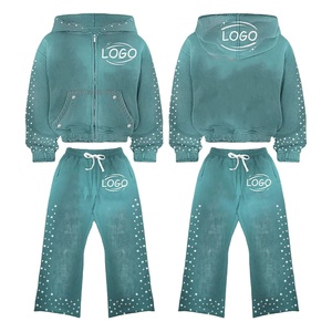 ชุดเซ็ตแทรคสูทสตรีทแวร์แบบครอปพร้อมฮู้ดดี้ผ้าหนาพิเศษ ตกแต่งด้วยคริสตัลและซิปคู่ ล้างสีแบบแอซิดวอช สำหรับผู้ชาย - Product Image 1