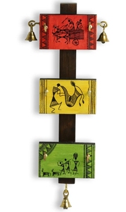 <b>Panels</b> Of Paintings Warli Hand-Painted <b>Key</b> Holder In Pine & Teak Wood 6 Hooks Mounted Mail Holder for Home Wall Door <b>Key</b> Stand - Product Image 3