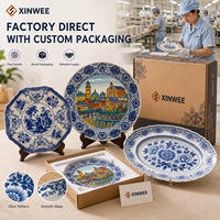 Ensemble d'assiettes en céramique de style vintage en gros, logo personnalisé, vaisselle décorative en porcelaine bleue et blanche pour la décoration d'événements de mariage