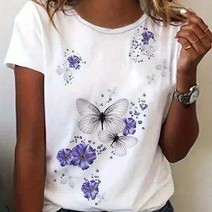 เสื้อยืดแขนสั้นสำหรับผู้หญิง, 2024ลำลองทรงผีเสื้อทรงหลวมระบายอากาศได้ดี - Product Image 4