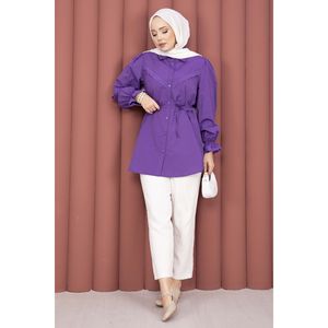 Blusa de Mujer con Bordado Floral, Detalle de Cordones y Flecos, Corte Holgado, Tejido de Popelina, para Otoño y Primavera, Talla XL, Color Lila - Product Image 3