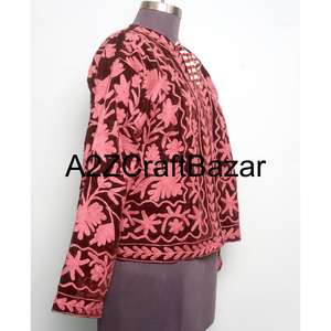 Handmade Vintage Winter Velvet Jacket with Floral Embroidery O- Neck Suzani-Style Border Length <b>Wool</b> Lining Breathable - Product Image 4