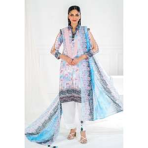 Traje de 3 Piezas para Mujer en Muselina Azul sin Costuras, Bordado, Transpirable, con Estampado Digital - Product Image 3