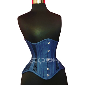 Corset sous-poitrine respirant en cuir bleu avec armatures en acier et empiècements en maille pour le modelage de la taille - Product Image 1
