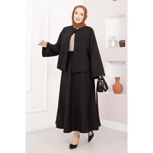 Ensemble jupe et veste décontracté et formel, design asymétrique avec boutons dorés, ceinture et couleur noire - Product Image 4